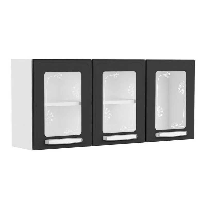 Armário Aéreo p/ Cozinha Evidence 7009 c/ 3 Portas c/ Vidro 120cm Branco/Preto - Bertolini