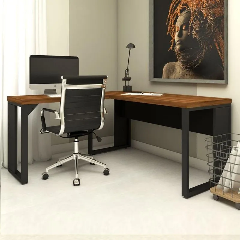 Mesa Para Escritório Em L Pés Metal Moderno Mdf Mdp Nogal Com Preto F5 Office