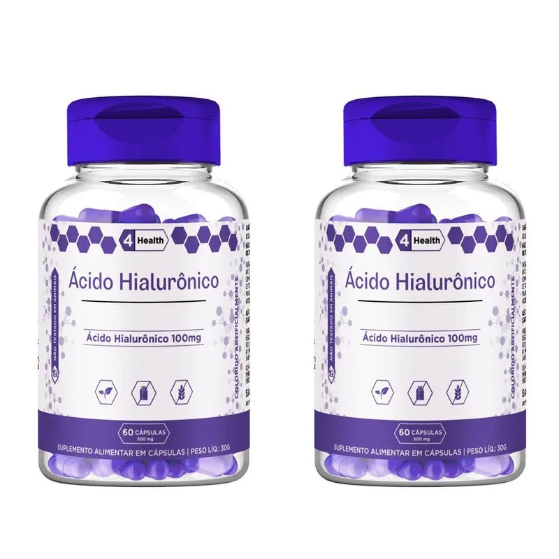 Acido Hialuronico 100mg 60 capsulas 4 Health - 2 potes - Tecnologia importada, hyaluronic acid 100 mg pele hidratada, rugas, flacidez, beleza, vitalidade, envelhecimento, pronta entrega