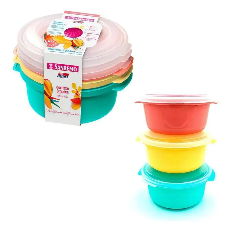 3x Conjunto 3 Potes Plástico Colorido 530ml Vac Freezer Sanr