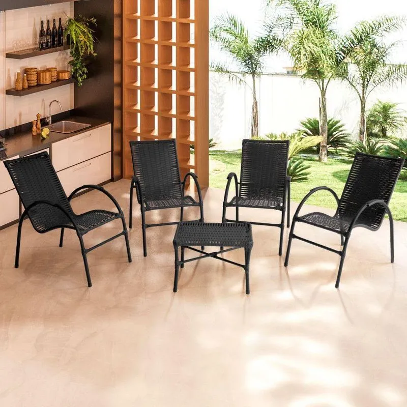 Conjunto De Mesa De Centro E 4 Cadeiras Onix Aço Carbono Fibra Sintética Preto Acesse Móveis