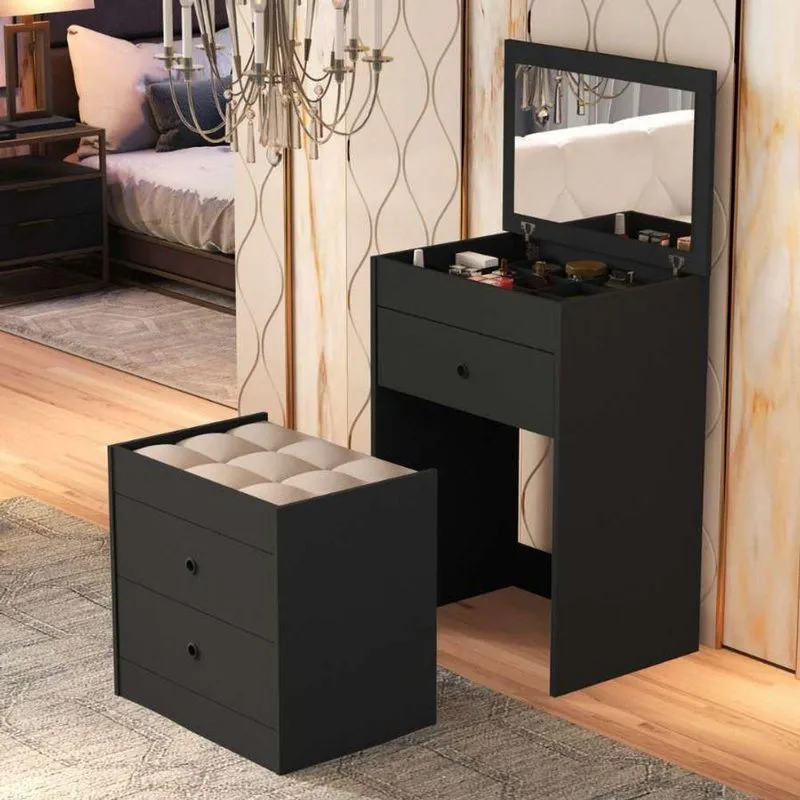 Penteadeira Cômoda Gaveteiro Com Banqueta Embutido 100% Mdf Espelho Basculante Preto
