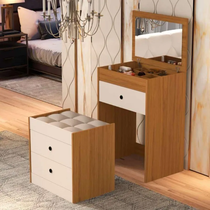 Penteadeira Cômoda Gaveteiro Com Banqueta Embutido 100% Mdf Espelho Basculante Nature/off White