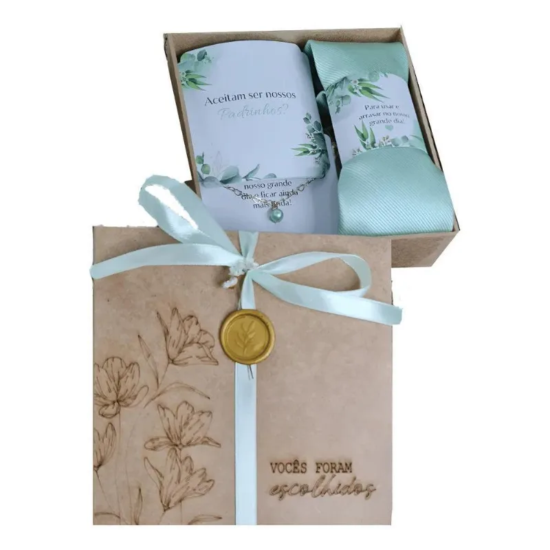 Kit Convite Padrinhos Gravata Pulseira Caixa Decor Verde Men