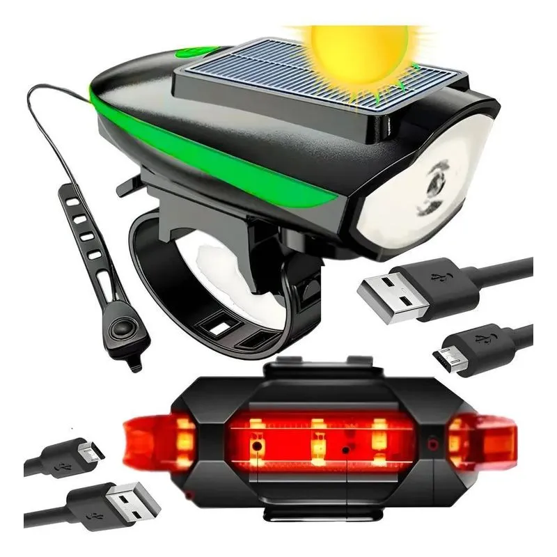 Lanterna Farol Solar Bike Buzina Led Traseiro Ciclista Verde