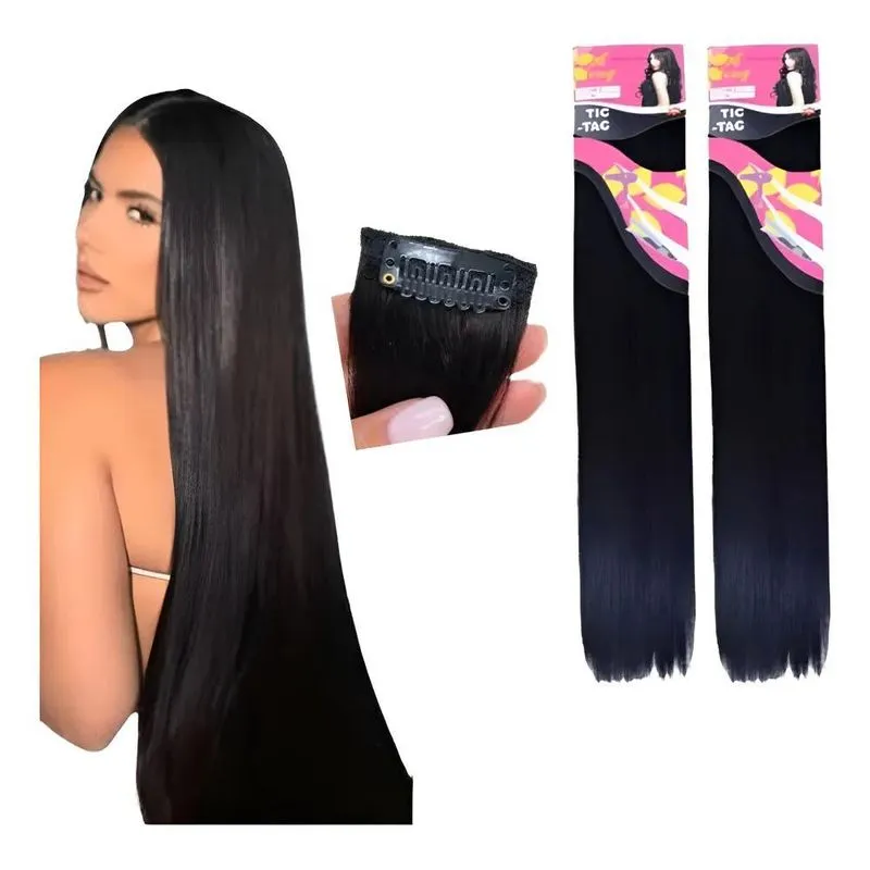 Kit 2 Apliques Orgânico Cabelo Tic Tac 70cm - E - Preto Liso