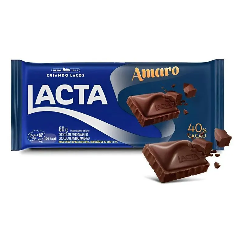 5x Chocolate Em Barra Meio Amargo 40% Cacau Pacote 80g Lac