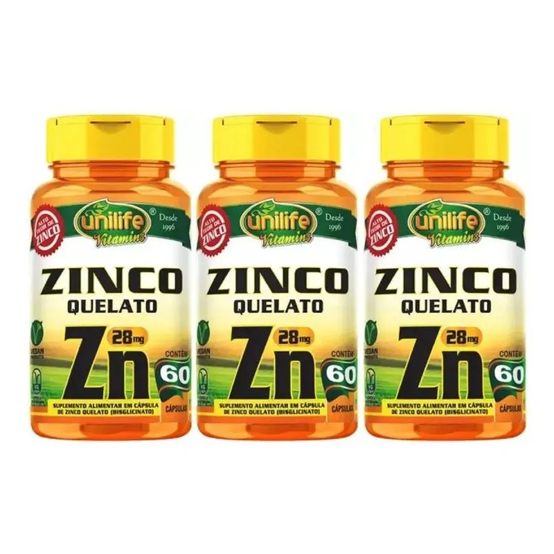 Kit 3 Zinco Quelato 60 Cápsulas Unilife Sabor Natural