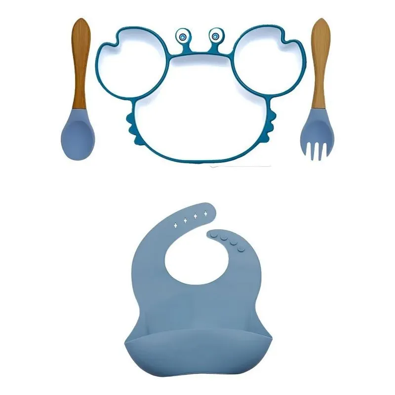 Kit Babador Silicone Bebê Talher Prato Flexível Ventosa B Az
