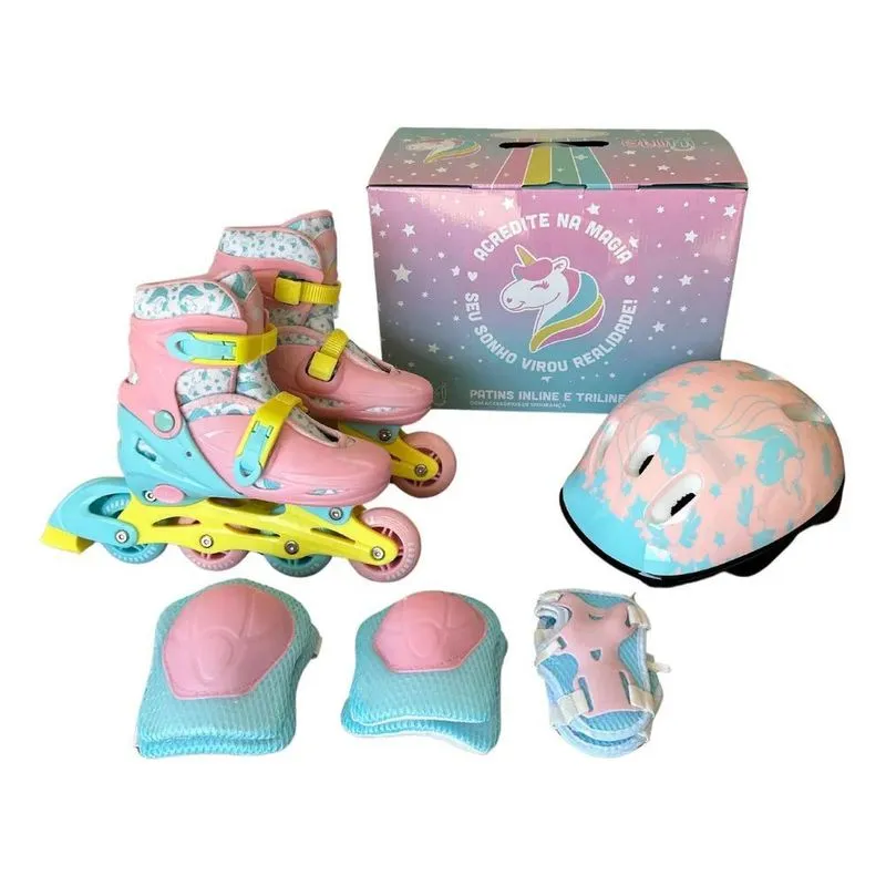 Patins Infantil Feminino 2 Em 1 Inline Triline +kit Protecao