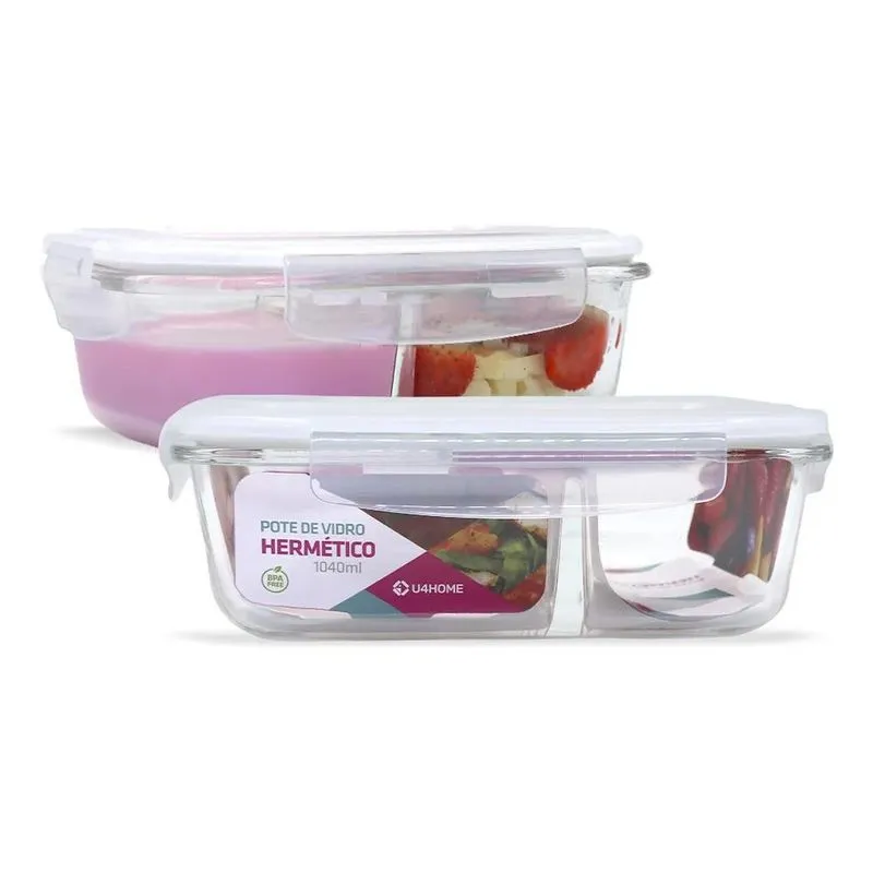 5x Kit 2 Potes Vidro Divisória Hermético Marmita 1040ml Cor