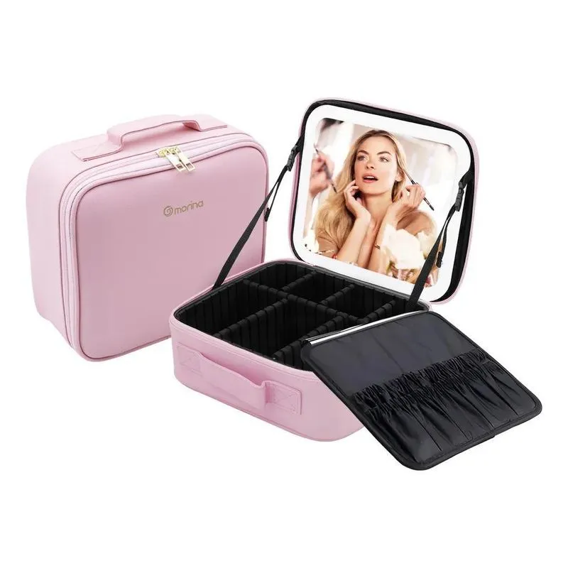 Maleta Maquiagem Profissional Led 3 Cores Luz 2000mah - Rosa