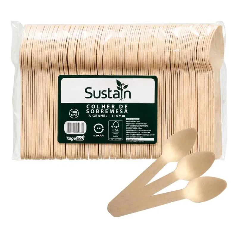 10x Colher De Sobremesa Madeira Biodegradável 100un Sorvete