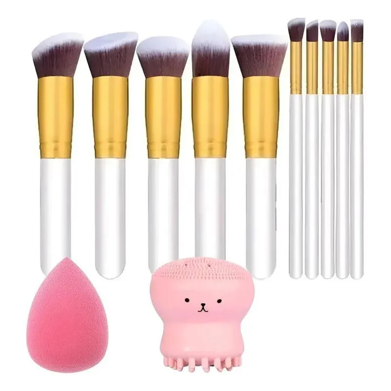 Kit 12 Pincéis Profissionais + Esponja Maquiagem Pe - Branco