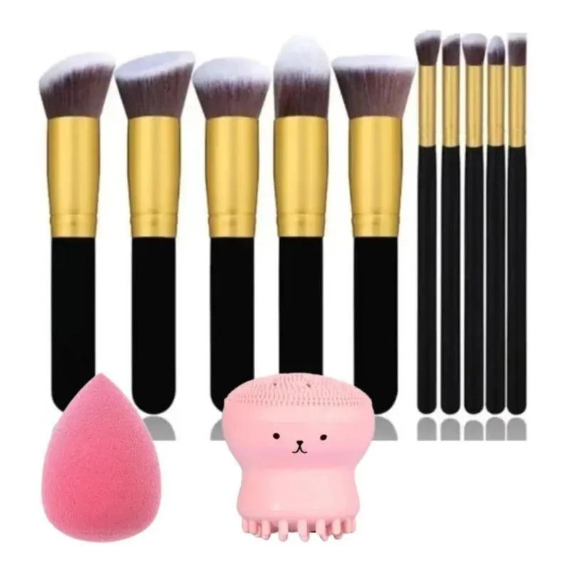 Kit 12 Pincéis Profissionais + Esponja Maquiagem Per - Preto