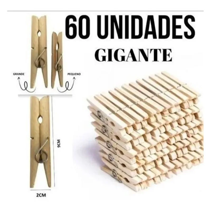 60 Pregadores De Madeira Grande Gigante Prendedor Roupas