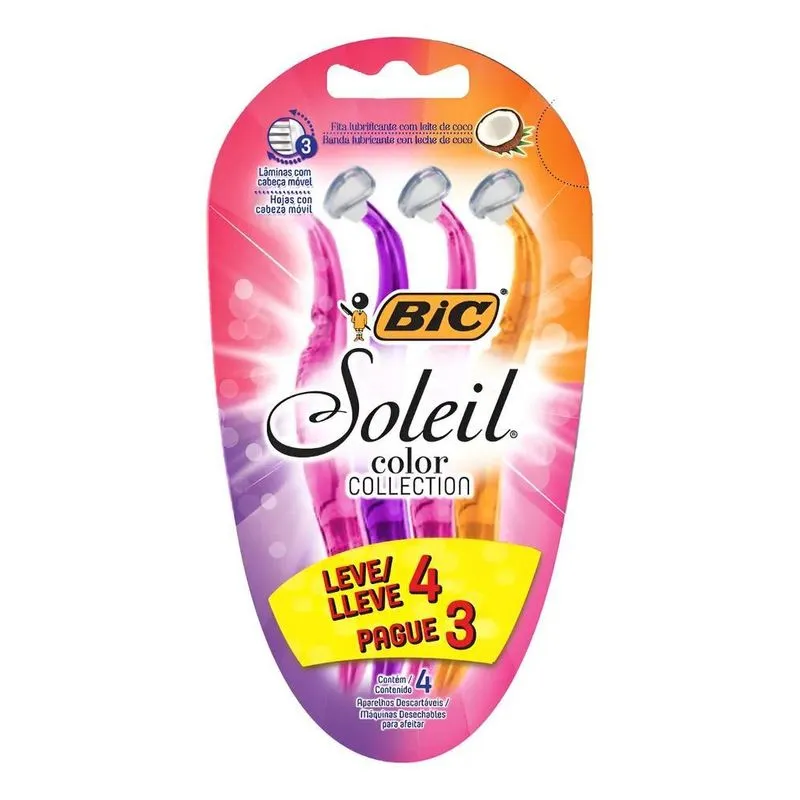 Depilador, Soleil, Bic, Rosa/roxo/laranja, 4 Unidades