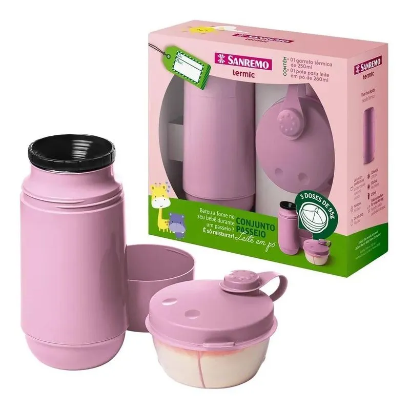 2x Garrafa Térmica 250ml + Pote Dosador Leite Pó Bebê Sanrem