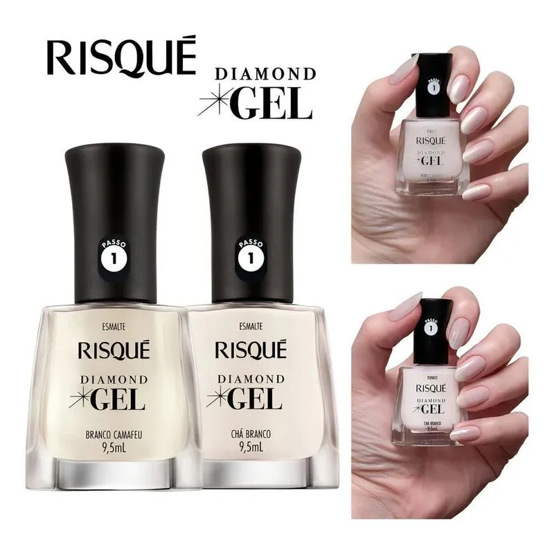 Kit Esmalte Diamond Gel Risque Chá Branco + Branco Camafeu