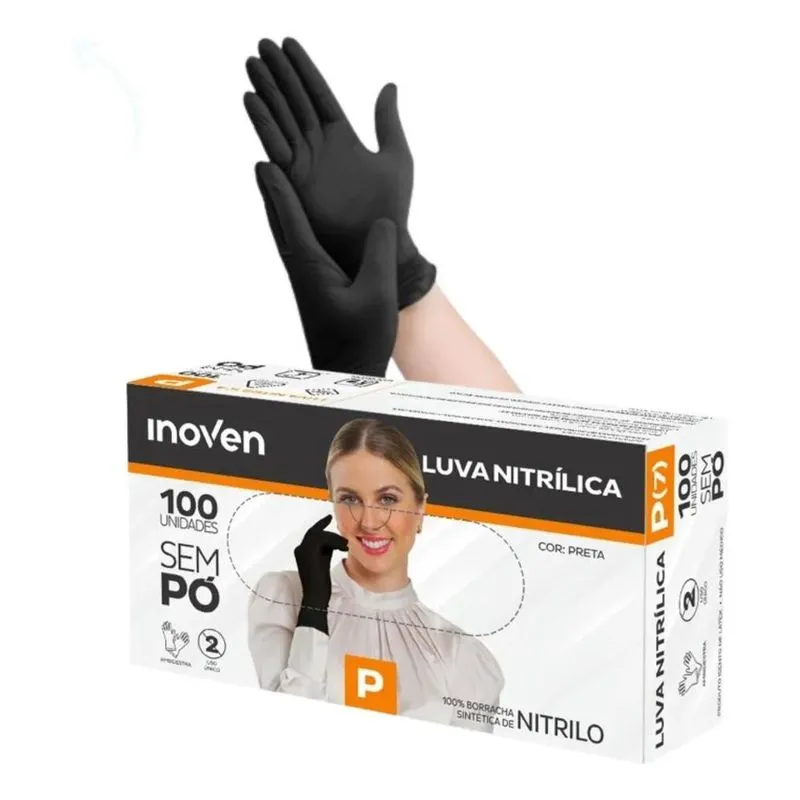 2x Luvas Descartável Nitrílica Preta Látex S/ Pó 100 Peças