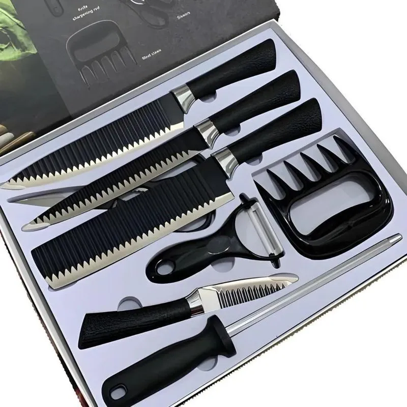 Kit 8 Facas Chef Churrasco Profissional Inox Afiadas - Preto