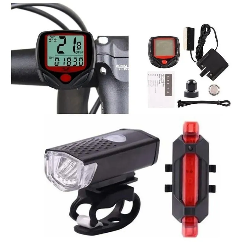 Acessórios De Bike Lanterna Frontal + Traseira + Velocímetro