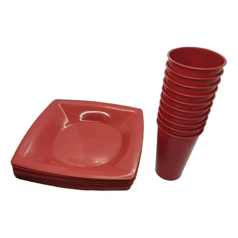 Kit 10 Copos 230ml + 10 Pratos Quadrados Plástico - Vermelho