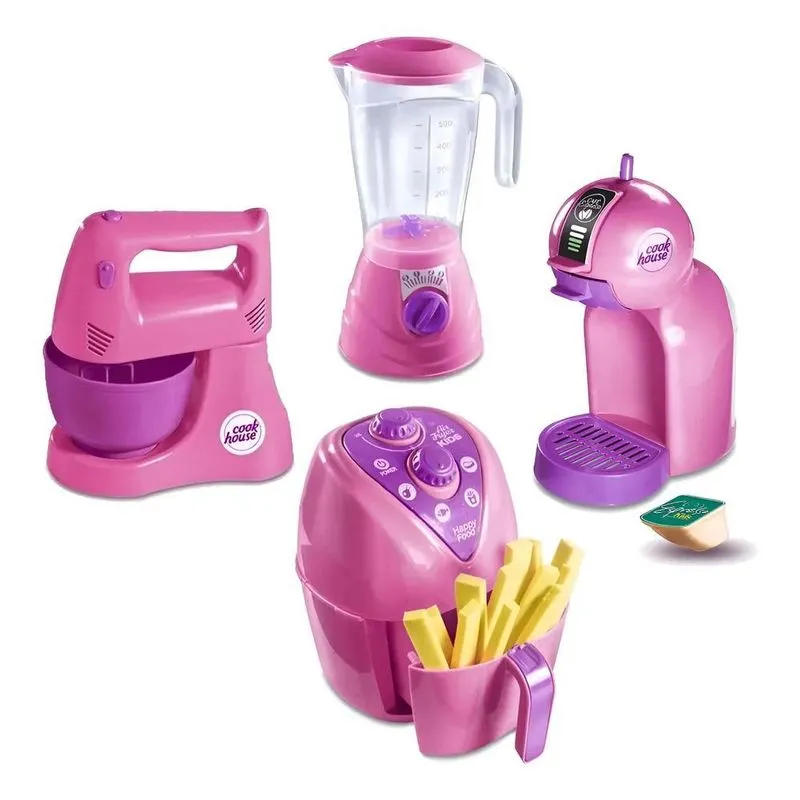 Kit Cozinha Infantil 4 Pçs: Air Fryer, Batedeira, Liq - Rosa
