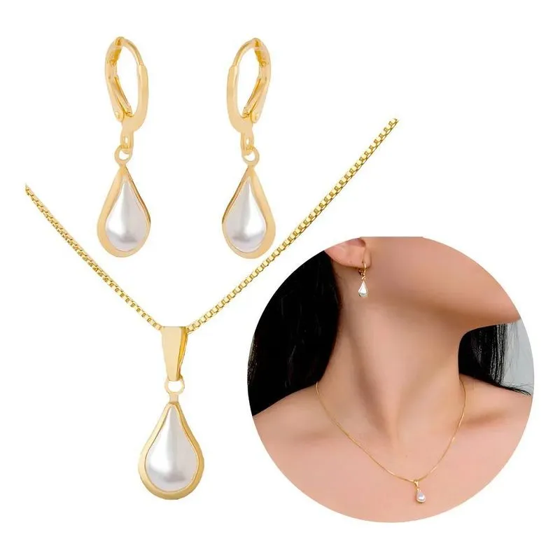 Brinco Feminino E Correntinha Perola Gota Pingente Folheado