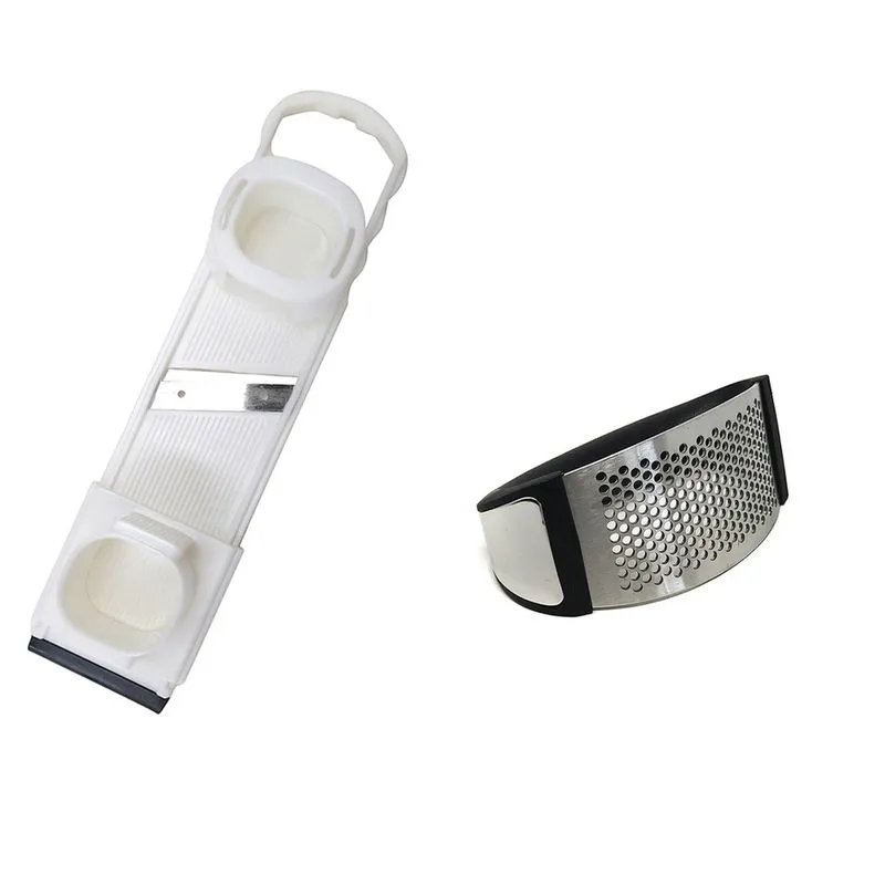 Kit Espremedor de Alho + Fatiador Legumes Vegetais Aço Inox