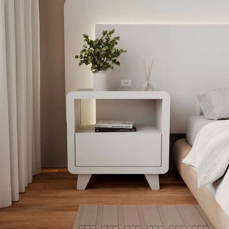 Mesa De Cabeceira 55cm Com Gaveta E Nicho 100% Mdf Padrão Planejados Mabel Branco Branco