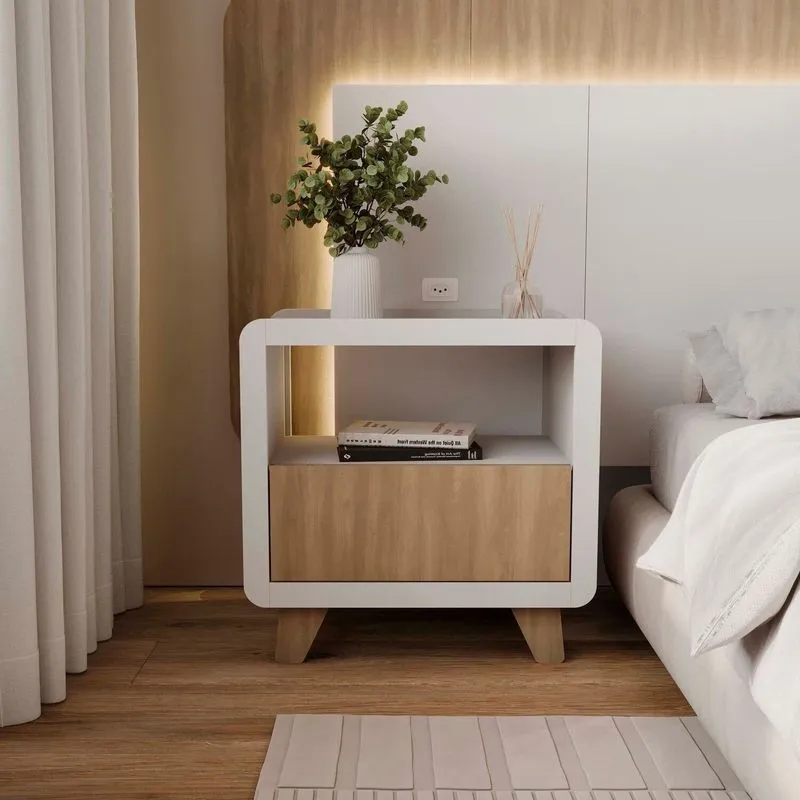 Mesa De Cabeceira 55cm Com Gaveta E Nicho 100% Mdf Padrão Planejados Mabel Branco Branco/louro Freijó Grann