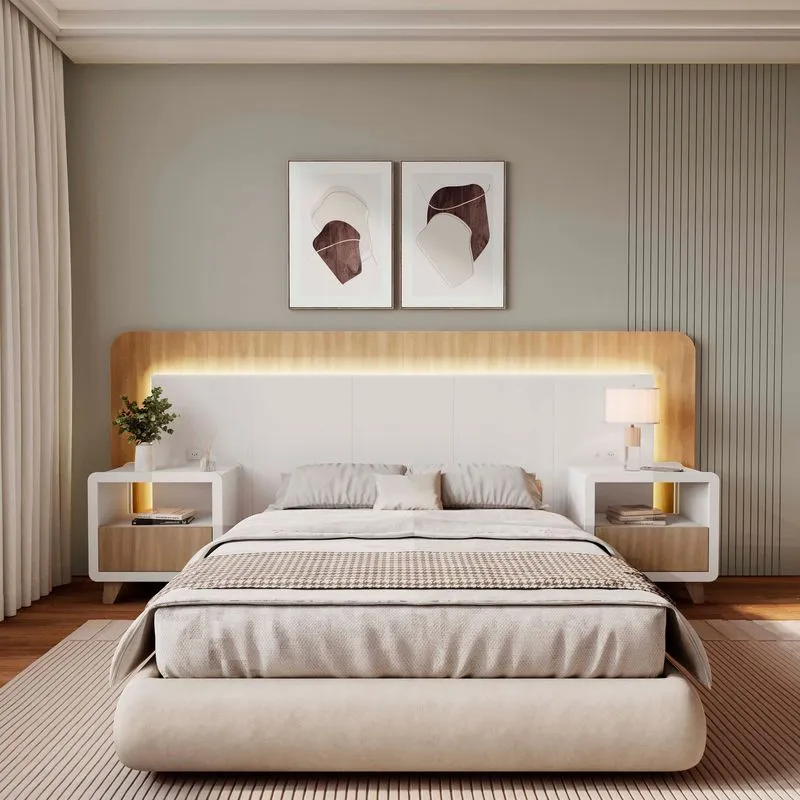 Cabeceira Casal Queen Com 2 Mesas De Cabeceira Led 3000k E Tomadas 100% Mdf Mabel Branco/ Louro Freijó Grann