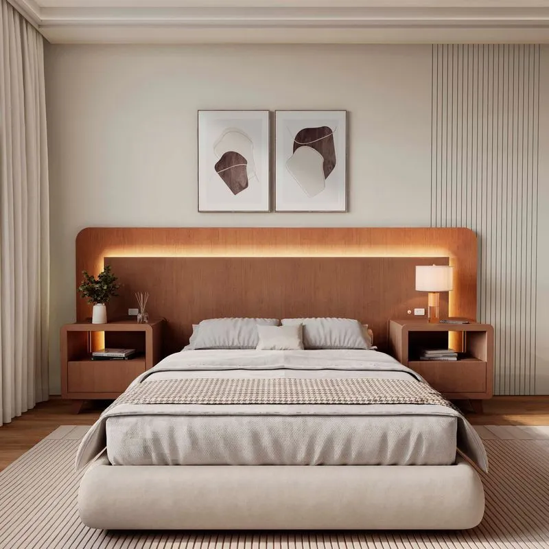 Cabeceira Casal Queen Com 2 Mesas De Cabeceira Led 3000k E Tomadas 100% Mdf Mabel Castanho