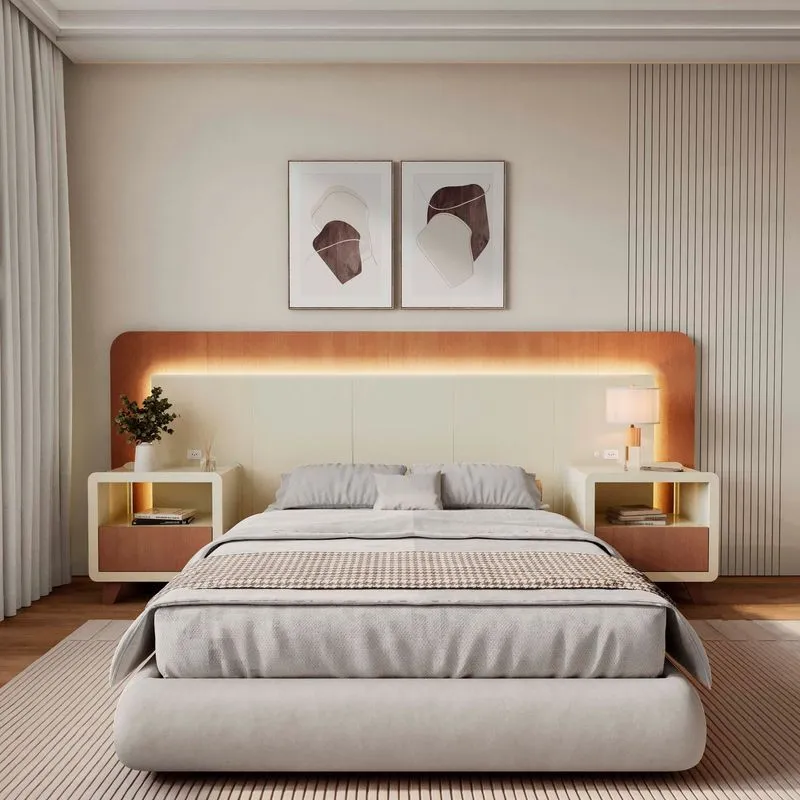 Cabeceira Casal Queen Com 2 Mesas De Cabeceira Led 3000k E Tomadas 100% Mdf Mabel Off White / Castanho