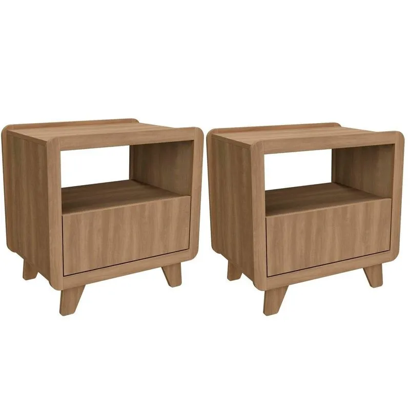 Conjunto 2 Mesas De Cabeceira 55cm Com Gaveta E Nicho 100% Mdf Padrão Planejados Mabel Marrom Louro Freijó Grann