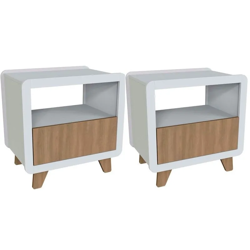 Conjunto 2 Mesas De Cabeceira 55cm Com Gaveta E Nicho 100% Mdf Padrão Planejados Mabel Branco Branco/louro Freijó Grann