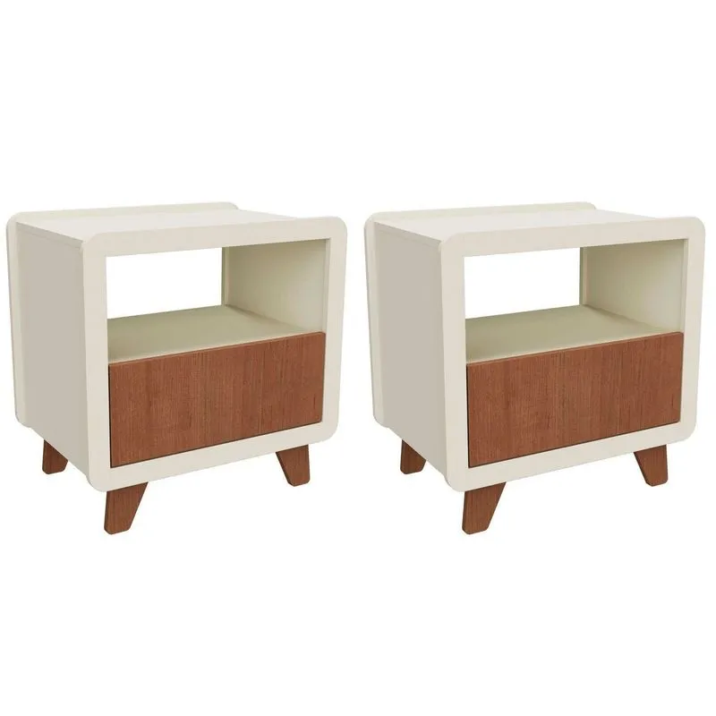 Conjunto 2 Mesas De Cabeceira 55cm Com Gaveta E Nicho 100% Mdf Padrão Planejados Mabel Off White Off White/castanho