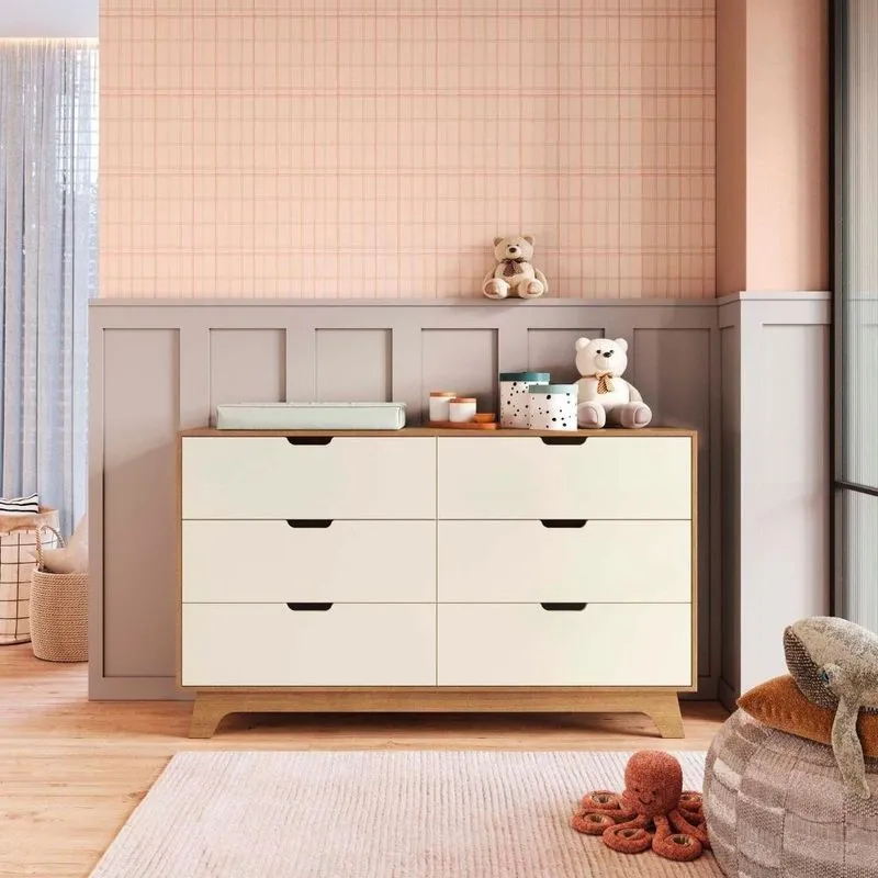 Cômoda Para Quarto Infantil 6 Gavetas 100% Mdf Alice Off White / Castanho
