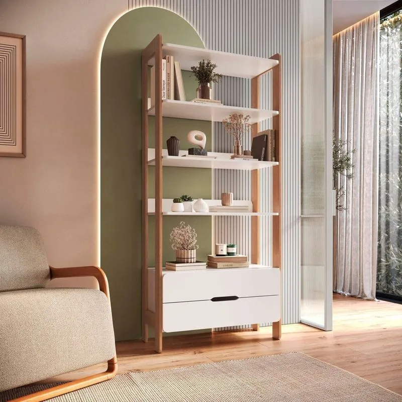 Estante De Livros 100% Mdf 81cmx183cm 2 Gavetas E 4 Prateleiras Elvis Branco/castanho Branco/ Castanho