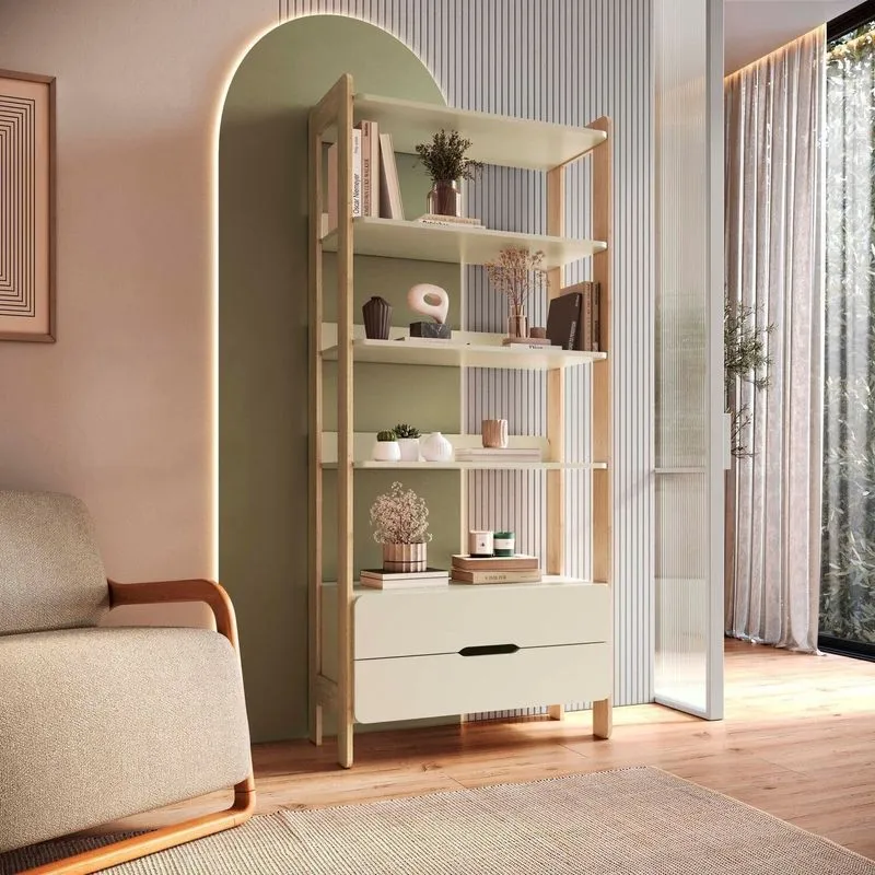 Estante De Livros 100% Mdf 81cmx183cm 2 Gavetas E 4 Prateleiras Elvis Bege/off White/carvalho Off White / Carvalho
