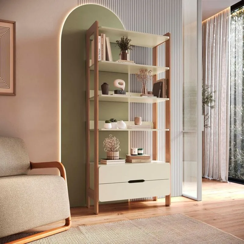 Estante De Livros 100% Mdf 81cmx183cm 2 Gavetas E 4 Prateleiras Elvis Bege/off White/castanho Off White/ Castanho