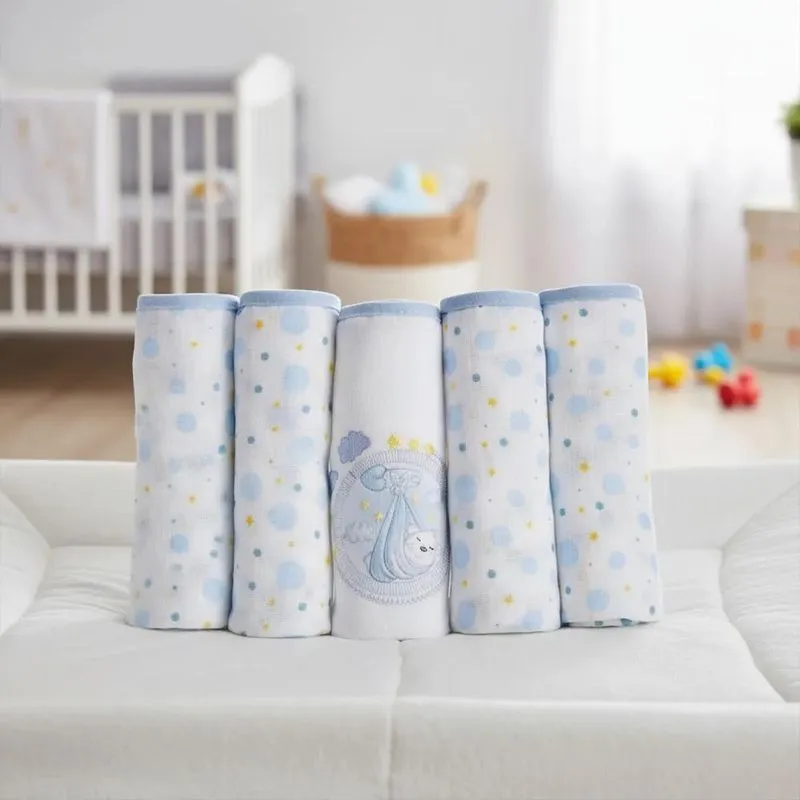 Kit 05 Fralda De Pano Algodão Bordada C/bainha 70c Azul Circ