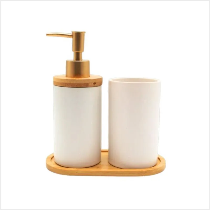 Kit Lavabo Porcelana Liso Saboneteira Escova Bandeja Bambu