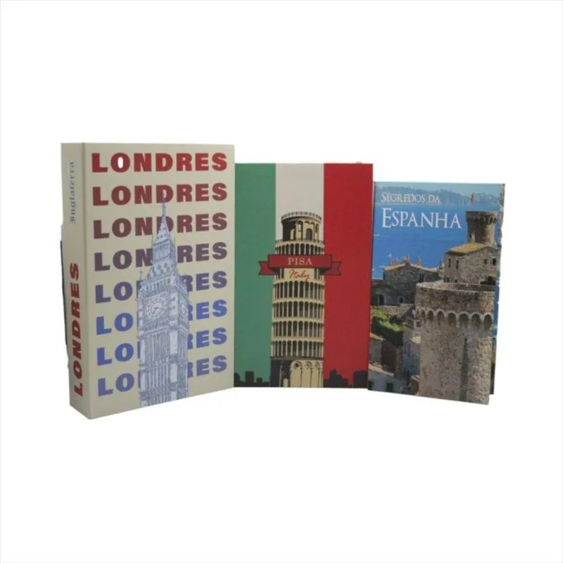 Caixa Livro Porta Objetos Paises Mundo Decorativo Fake Kit3