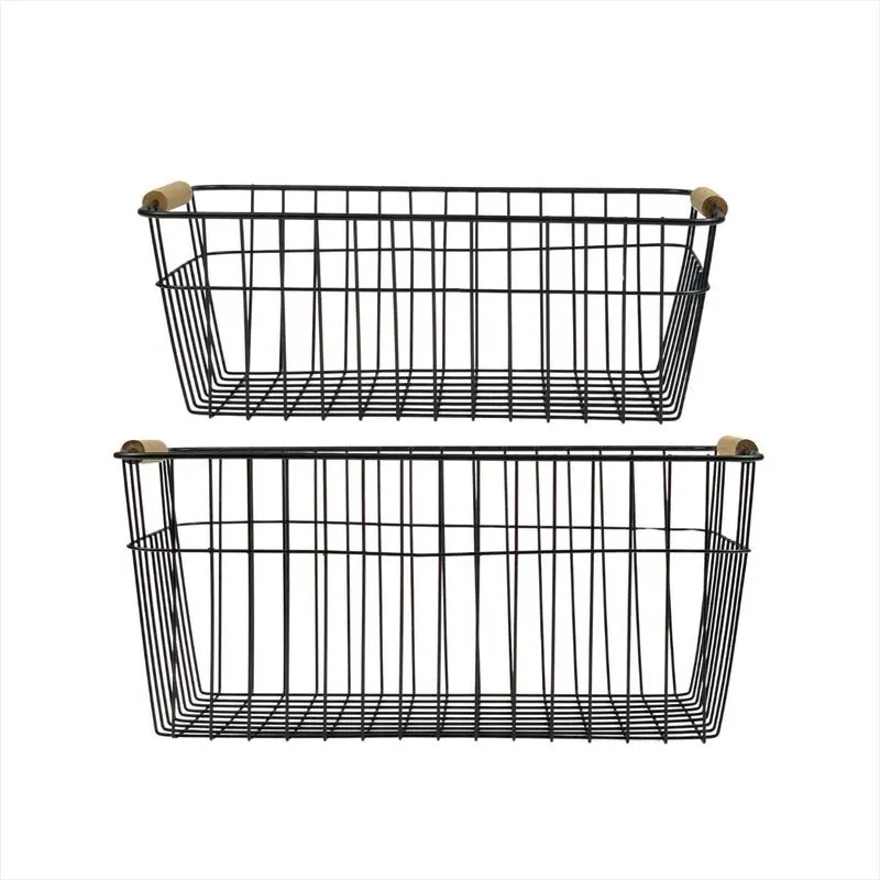 2 Cestas Multiuso Guarda Objetos Alça Madeira Metal Preto