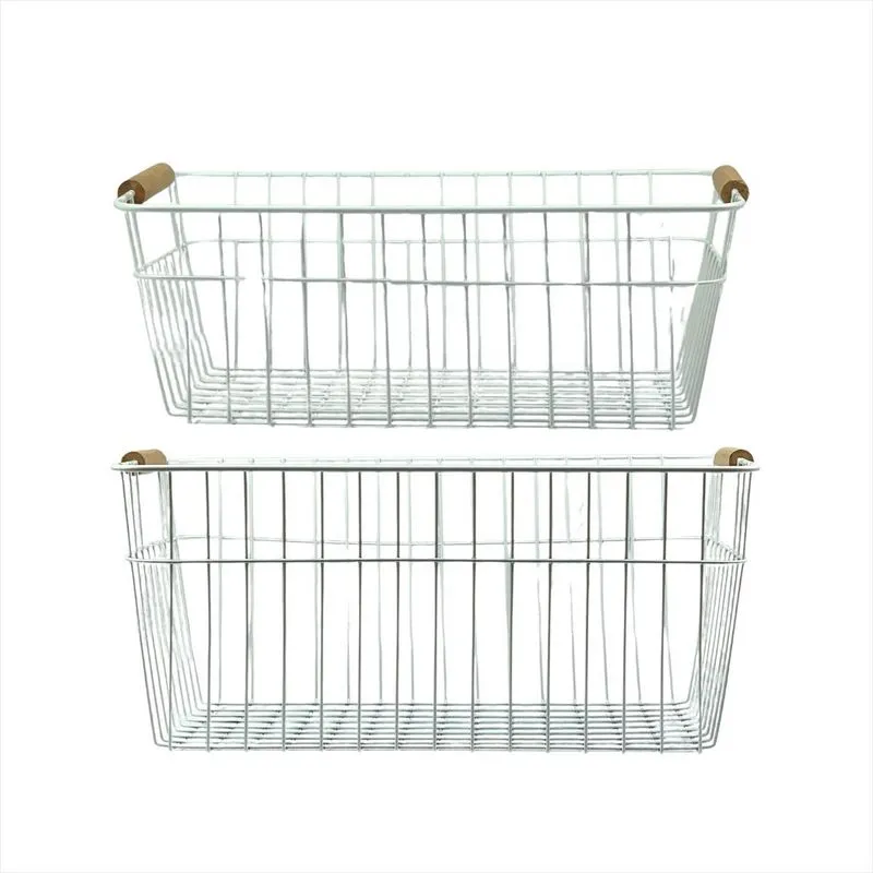 2 Cestas Multiuso Guarda Objetos Alça Madeira Metal Branco