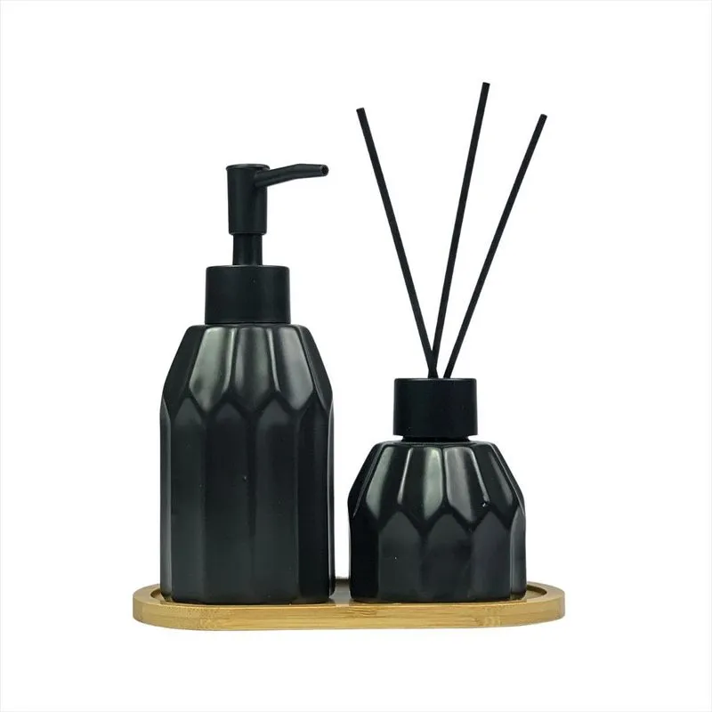 Jogo Saboneteira Difusor Porcelana Preto 3 Peças Banheiro
