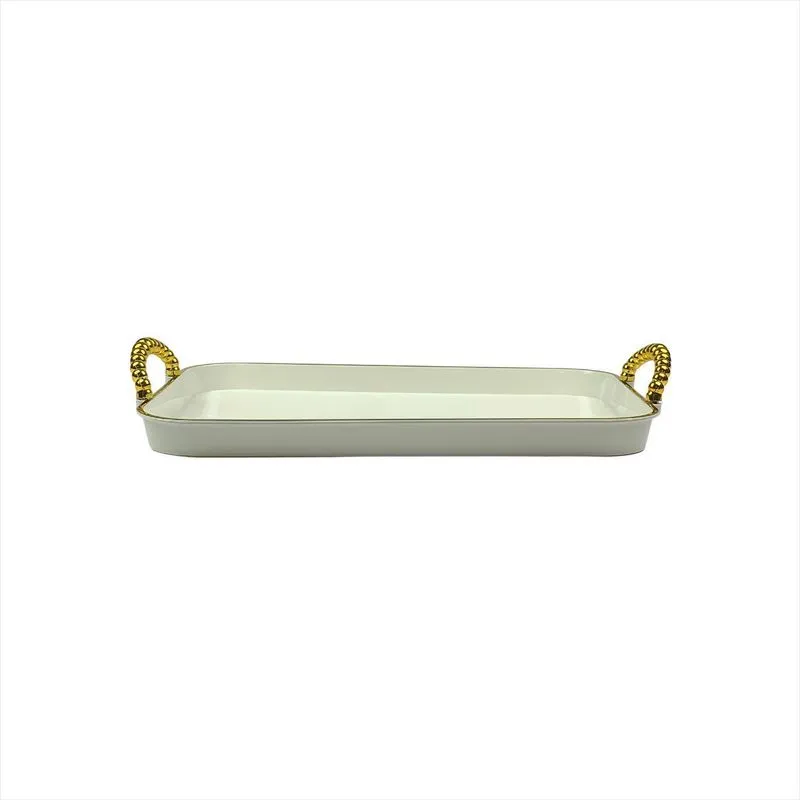 Bandeja Decorativa Branca Alças Dourada Retangular Cozinha