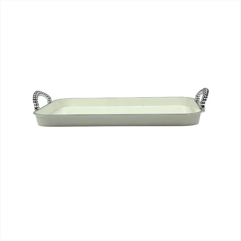 Bandeja Decorativa Branca Alças Prateada Retangular Cozinha